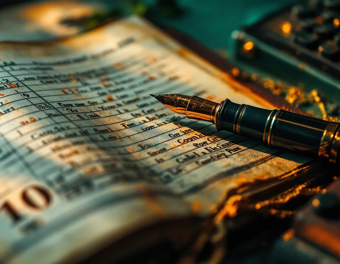 Macro detail of a cloth-bound ledger, fountain pen and calculator keys